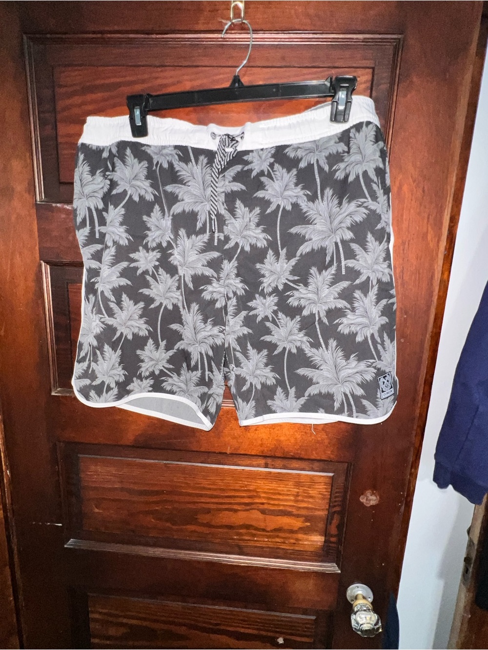 DIXXON Black Swim Trunks with Gray Palm Pattern and White Trim